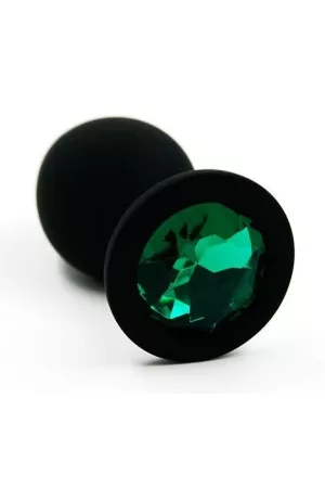 Чёрная силиконовая анальная пробка с изумрудным кристаллом - 7 см.