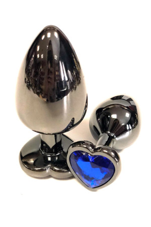 Черная металлическая анальная пробка с синим стразом-сердечком - 6,5 см.