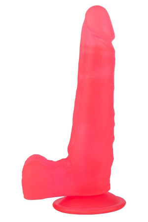 Розовый фаллоимитатор с удлинённой мошонкой - 16,5 см.