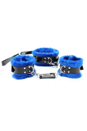 Черно-синие меховые наручники и ошейник с поводком