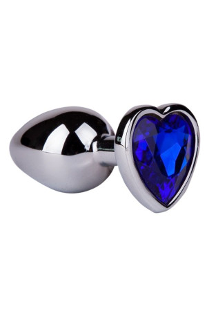 Серебристая анальная втулка с синим кристаллом-сердцем - 7 см.