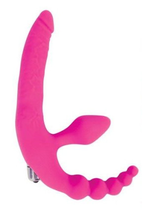 Розовый безремневой страпон с анальным отростком и вибрацией - 15 см.