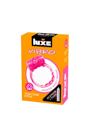 Розовое эрекционное виброкольцо Luxe VIBRO  Техасский бутон  + презерватив