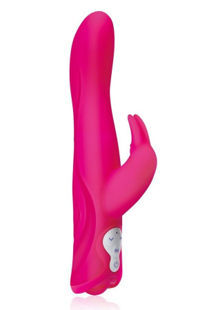 Розовый силиконовый вибромассажер с клиторальным отростком - 25 см.
