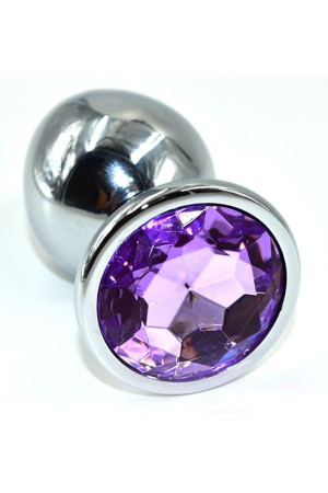 Серебристая анальная пробка из нержавеющей стали с фиолетовым кристаллом - 10 см.